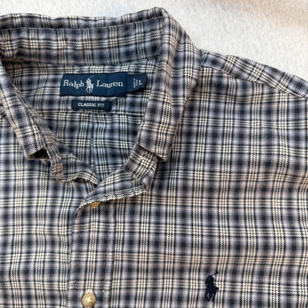 RALPH LAUREN Men Lightweight Flannel Shirt Navy Plaid Cotton sz L Classic Fit